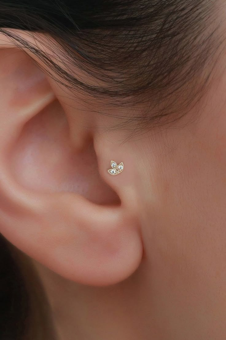 a woman's ear is shown with two small gold stars on the back of it