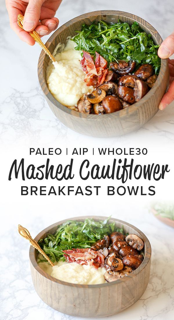 two bowls filled with mashed cauliflower, mushrooms and spinach on top