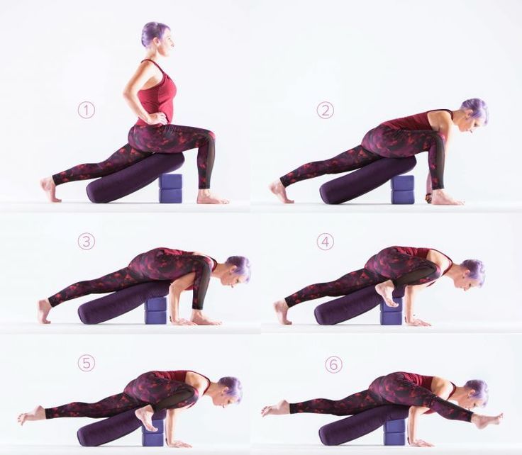 a woman doing yoga poses with her hands on the back and arms behind her head