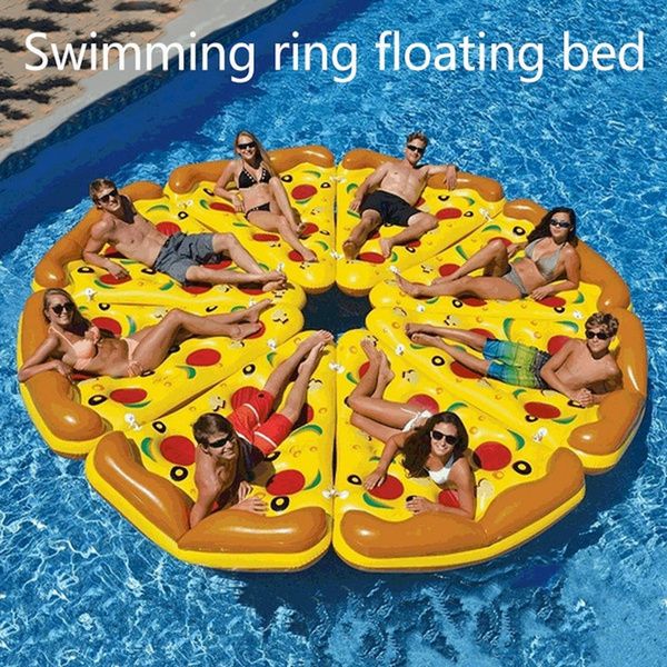 a group of people laying on top of an inflatable pizza floating pool float