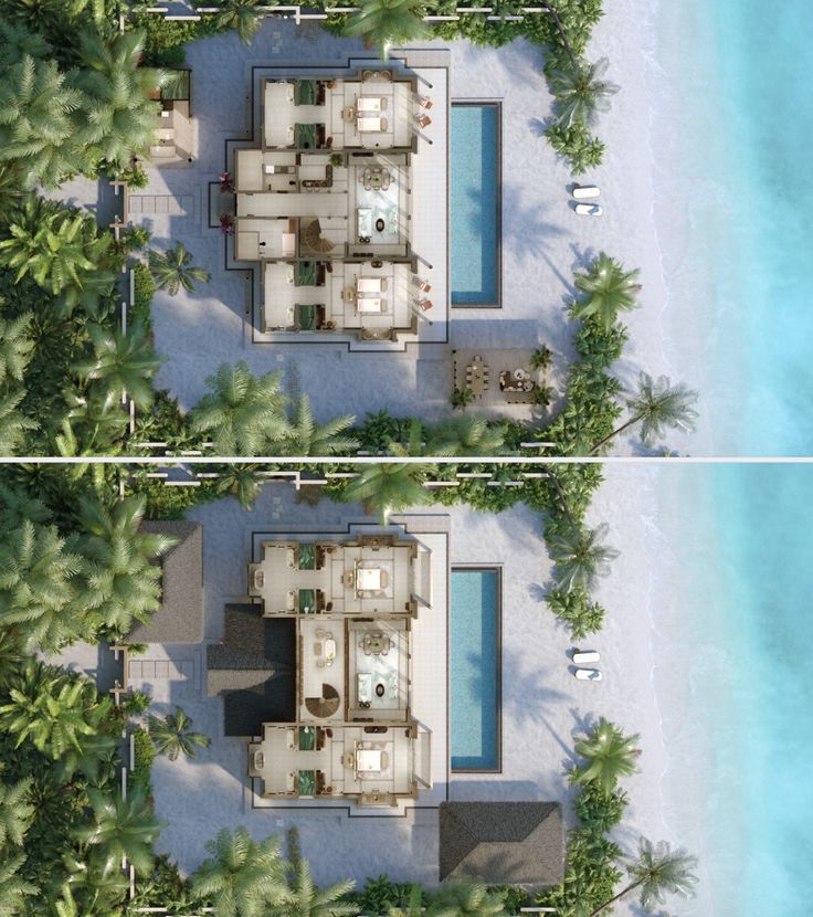 an aerial view of two houses on the beach with palm trees in front of them