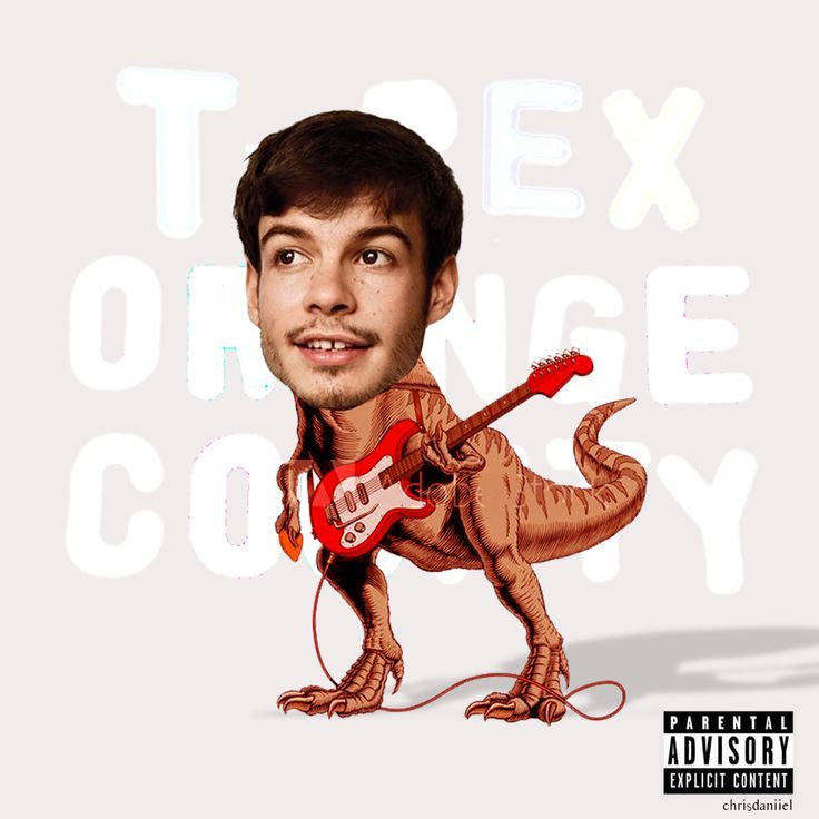 a man holding a red guitar next to an image of a t - rex dinosaur