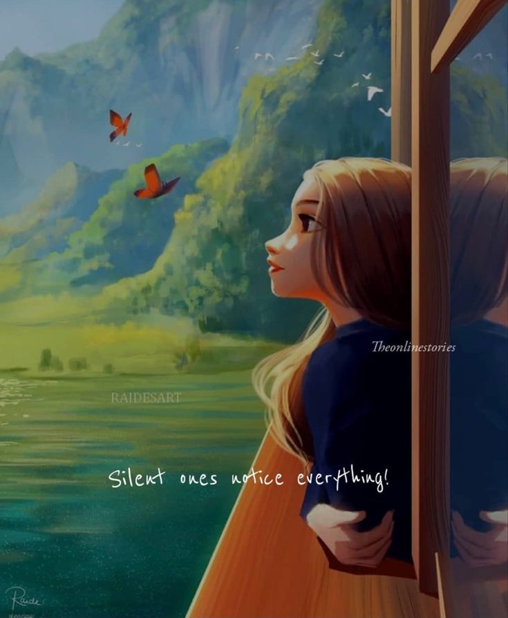 a painting of a girl looking out the window with butterflies flying over her head and mountains in the background