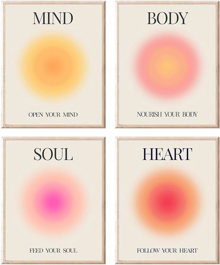 four cards with the words mind, soul, and heart in different colors on them