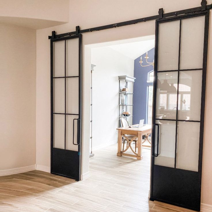 french sliding barn double door with 6-lite-glass-pane and kickplate French Barn Doors, Modern Sliding Barn Door, Metal Doors, Pantry Doors, Glass Barn Doors, Metal Barn, Double Barn Doors, Kick Plate, Sliding Doors Interior