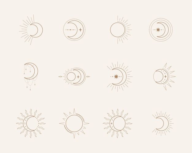 the sun, moon and stars are drawn in different ways on a white background illustration