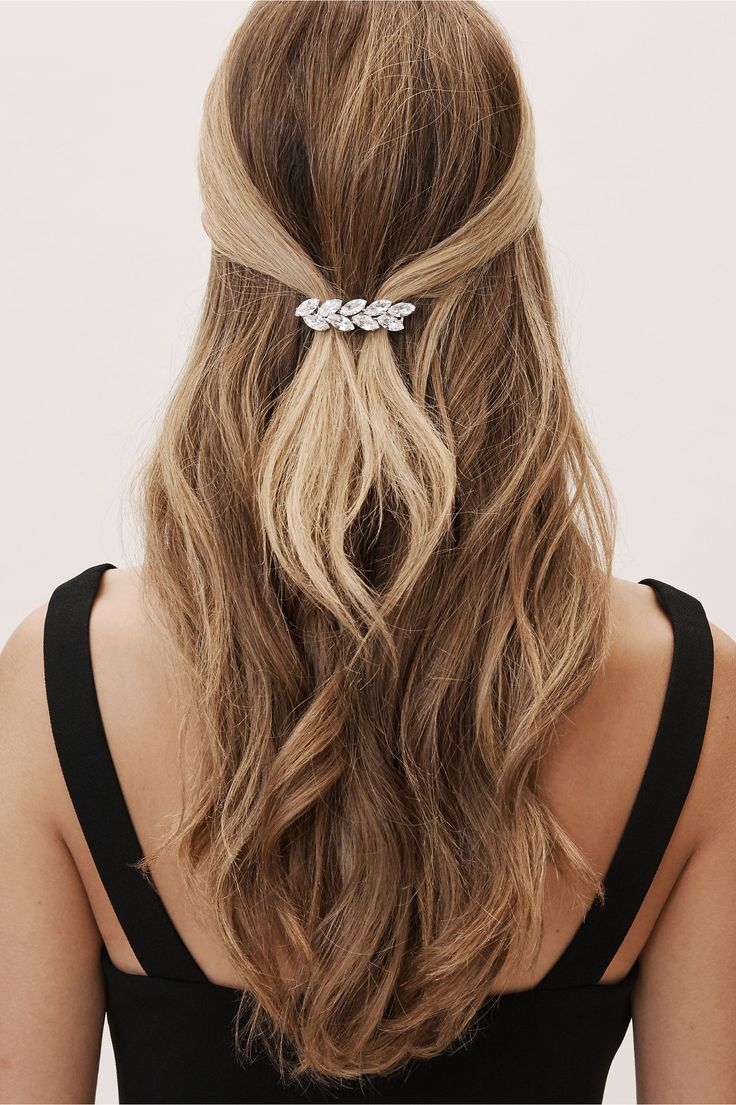 Hilde Barrette Silver in Shoes & Accessories | BHLDN Elegant Party Hairstyles, Prom Hairstyles For Curly Hair, Half Down Curly Hairstyles, Wavy Wedding Hairstyles, Elegant Bridal Hairstyles, Pin Up Hairstyles, Matrix Hairstyle, Half Down Prom Hairstyles, Simple Elegant Hairstyles