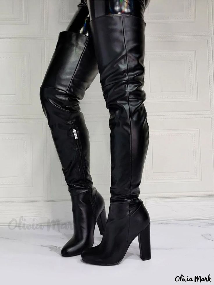 Olivia Mark - Premium PU Leather Womens Thigh High Boots in Black, with Sky High Chunky Heel, Over The Knee Design Womens Thigh High Boots, Elevated Fashion, Leather Thigh High Boots, Chunky Heels Boots, Estilo Chic, Black Boots Women, Long Boots, Sky High, Winter Shoes