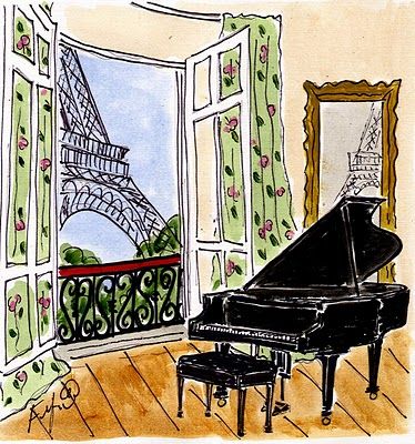 a drawing of a piano in front of a window overlooking the eiffel tower