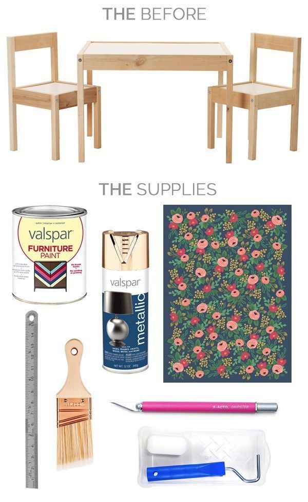 the supplies needed to make a diy kids's craft room table and chair