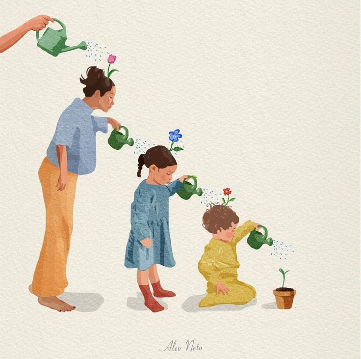 an image of a woman watering the plants with two children on her lap and another child holding a teapot