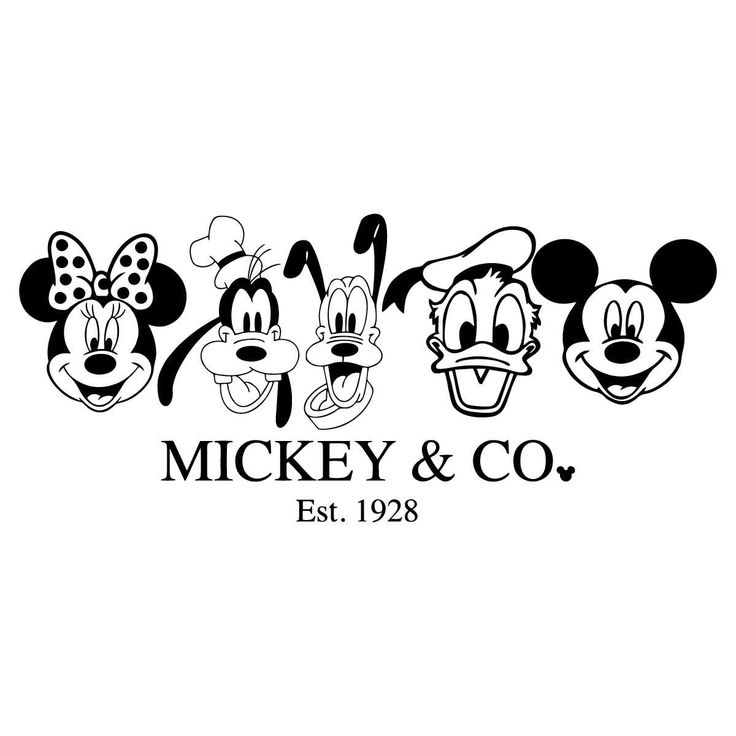 the mickey and minnie logo is shown in this black and white photo, which features three cartoon characters