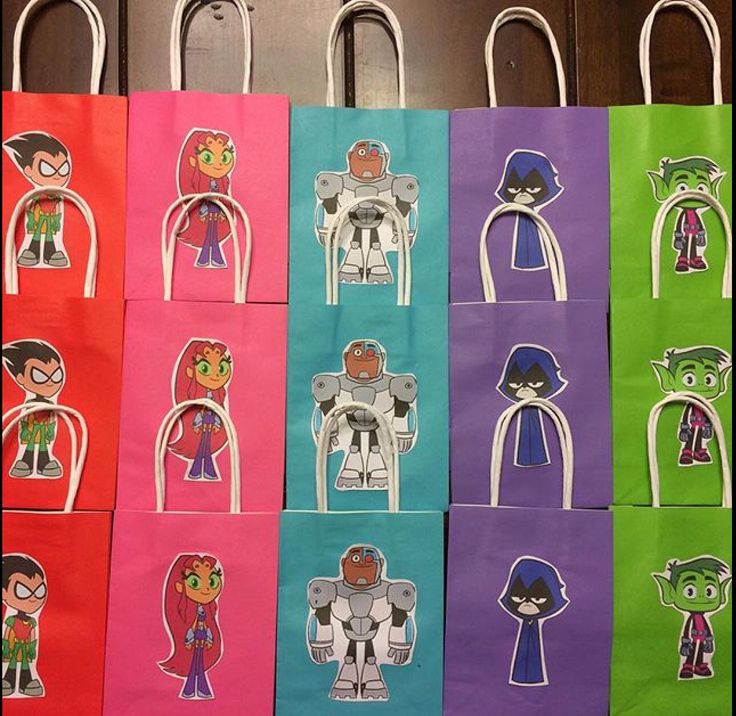 colorful paper bags with cartoon characters on them