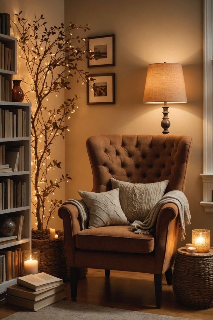 a living room with a chair, lamp and bookshelf full of books in it