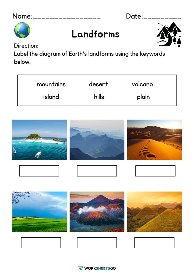 landforms worksheet with pictures on it