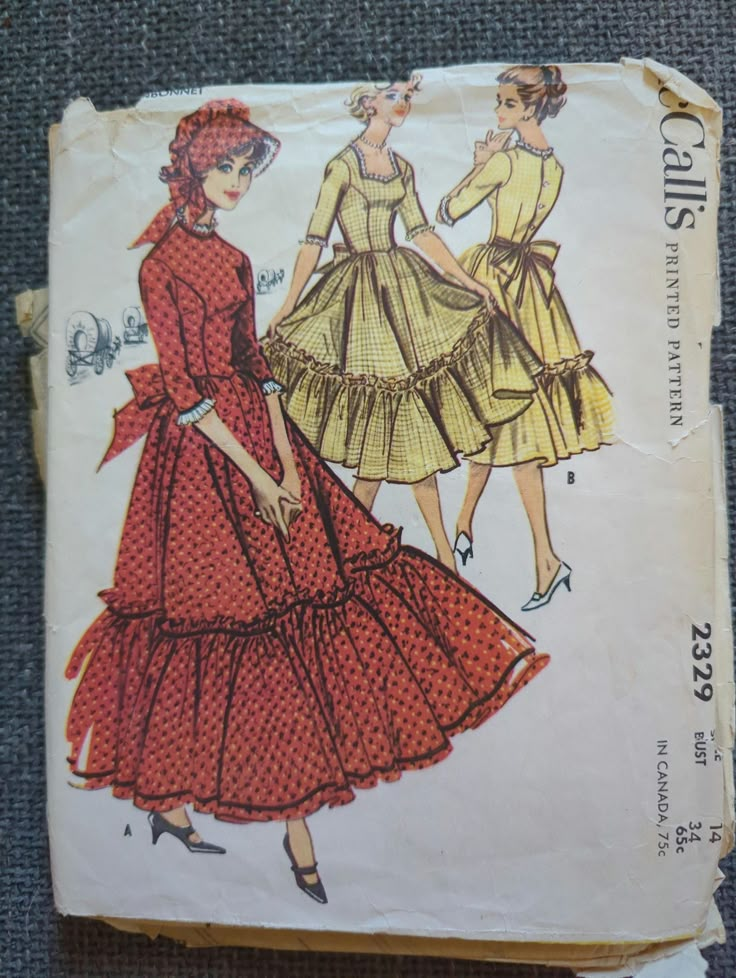 an old fashion sewing pattern with two women in dresses