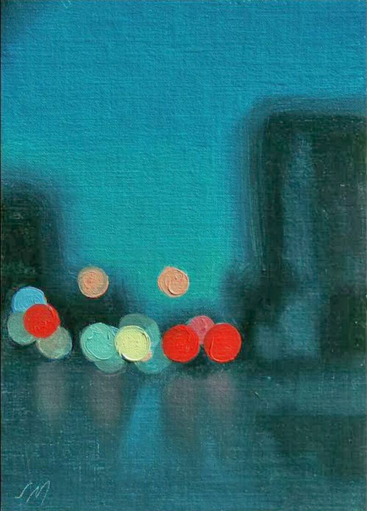 an oil painting of some red, white and blue lights in the dark night sky