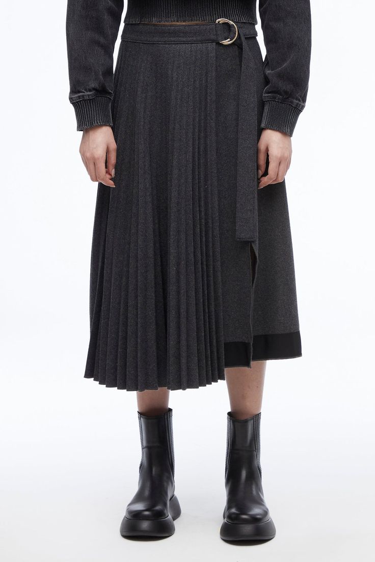 FW23 | Deconstructing A Dream Accordion pleats lend this tactile flannel wrap skirt a sharp sensibility. The high waist is anchored by an adjustable belt with silver-tone D-rings and falls to an asymmetric hem. Knife Pleated Skirt, Accordion Pleats, Knife Pleat, Kilt Skirt, Perfect Pant, D Rings, Layered Skirt, Adjustable Belt, Women Trends