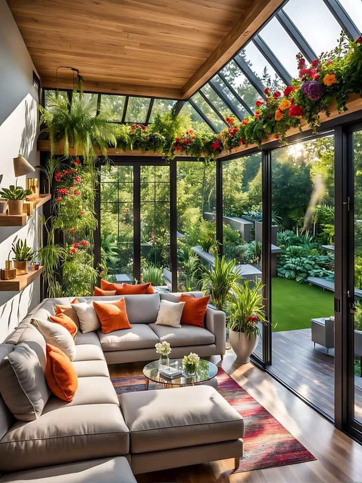 a living room filled with furniture and lots of plants