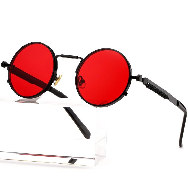 PRICES MAY VARY. STYLISH OCEAN RED LENSES ►The world seen through ocean red lenses, The entire vision subverts your vision, color your world and presents a different color world, complement your look with perfect glare free vision. Deflects envious glances and gives you that unique look making them ideal for sunny days. RETRO SMALL ROUND FRAME ►Ergonomic design frame, a curved brow bar, reinforced metal hinge, adjustable nose pads, and skin-friendly materials spring temples , classic design make Sunglasses Circle, Dark Makeup Glasses, Goth Glasses, Vampire Sunglasses, Red Lensed Sunglasses, Red Lense Sunglasses, Red Circle Glasses, Red Tinted Sunglasses, Red Steampunk Glasses