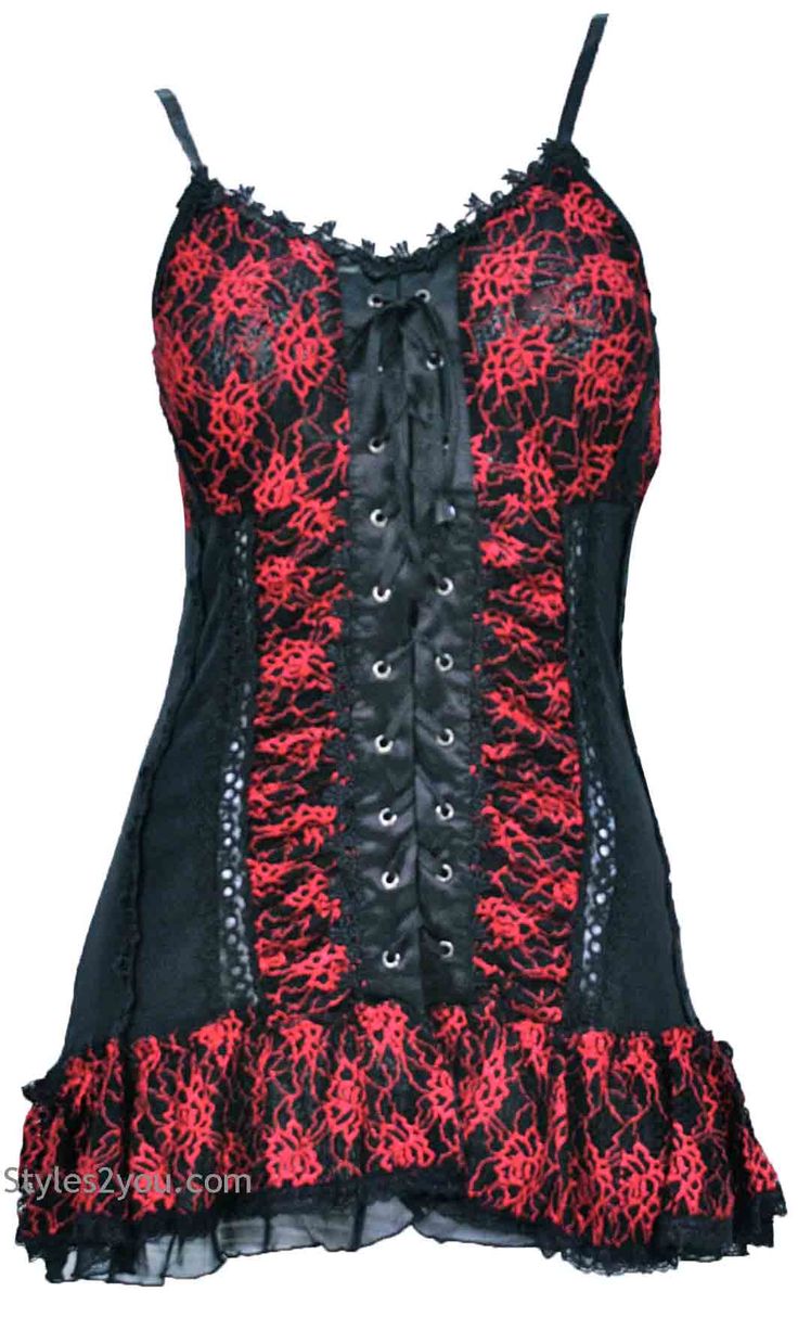 Adeline Corset Camisole In Black & Red Styles Plus Size, Pretty Angel Clothing, Unique Corset, Scene Clothes, Angel Clothing, Goth Things, Corset Tank Top, Cheap Tank Tops, Rave Costumes