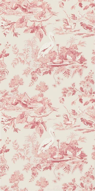 a pink and white wallpaper with birds on the top, flowers in the background