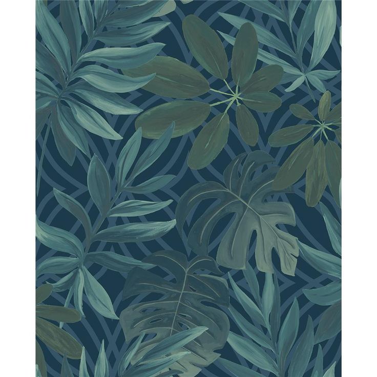 a blue and green wallpaper with leaves on it