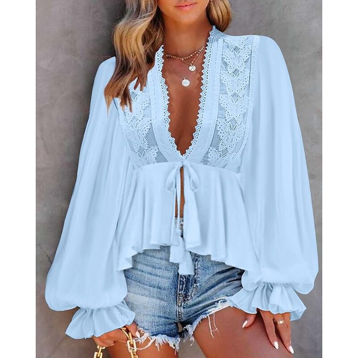 Season:Summer; Fabric:Cotton; Look After Me:Machine wash,Wet and Dry; Gender:Women's; Thickness:Standard; Style:Fashion; Elasticity:Micro-elastic; Tops Type:Blouse,Shirt; Occasion:Street,Daily; Fit Type:Regular Fit; Pattern:Plain; Design:Lace; Neckline:V Neck; Listing Date:05/30/2024; Production mode:External procurement; Bust:; Length:; Fit US Size:; Fit UK Size:; Fit EU Size:; Print Type:non-printing; Sleeve Length:Long Sleeve Lantern Sleeve Top, Shirt Blouses Women's, Lantern Sleeve, Mode Inspiration, Outfit Casual, Lantern Sleeves, V Neck Tops, Casual Outfit, Daily Fashion