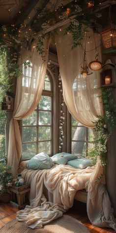 a bedroom with an open window and lots of greenery on the ceiling, along with curtains