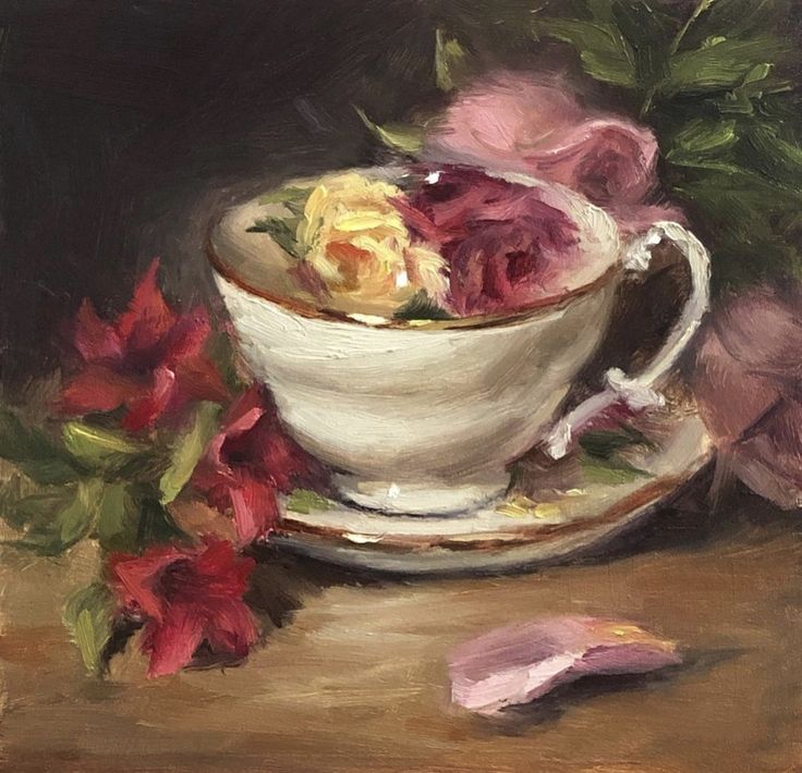 a painting of flowers in a white cup and saucer on a table with pink petals