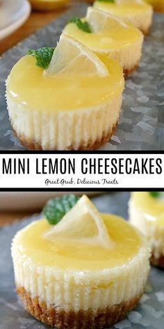 mini lemon cheesecakes on a baking sheet with the title above it in two pictures