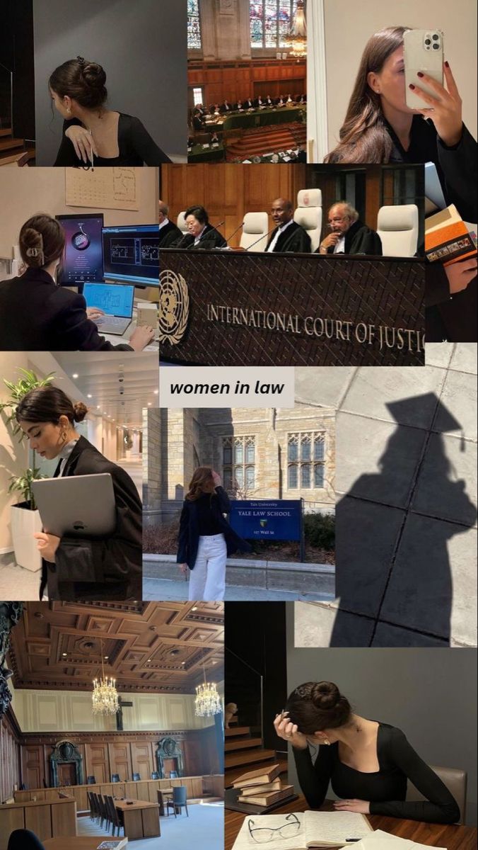 women in law collage with the words international court of justice written on it and images of people working at their laptops