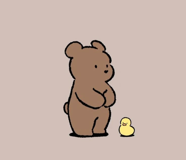 a brown teddy bear standing next to a yellow duck