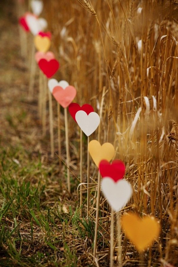 a row of hearts on sticks with the words cheap wedding tips written in red, yellow and white