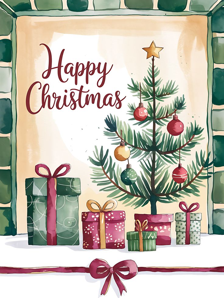 a christmas card with presents under a tree