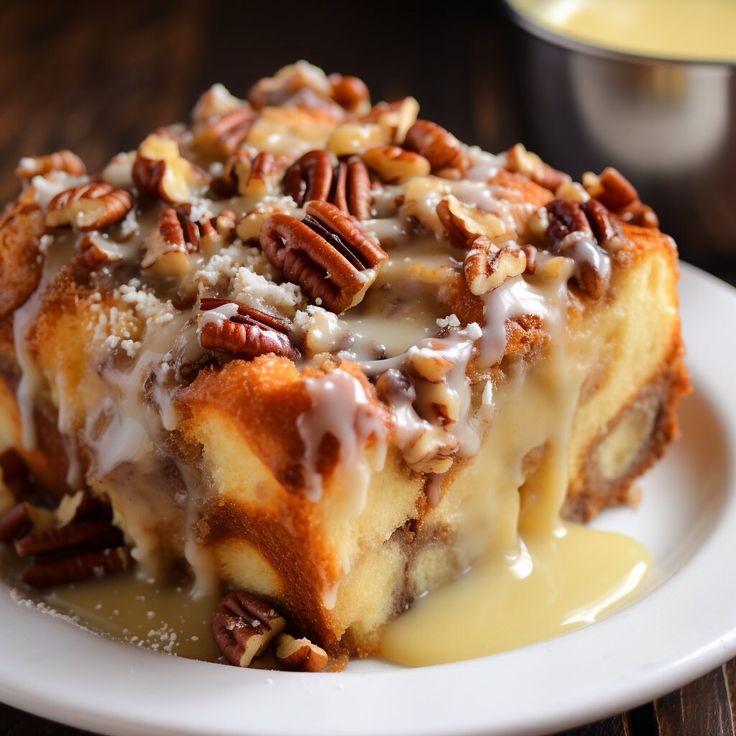 a piece of cake with pecans and icing on it sitting on a white plate