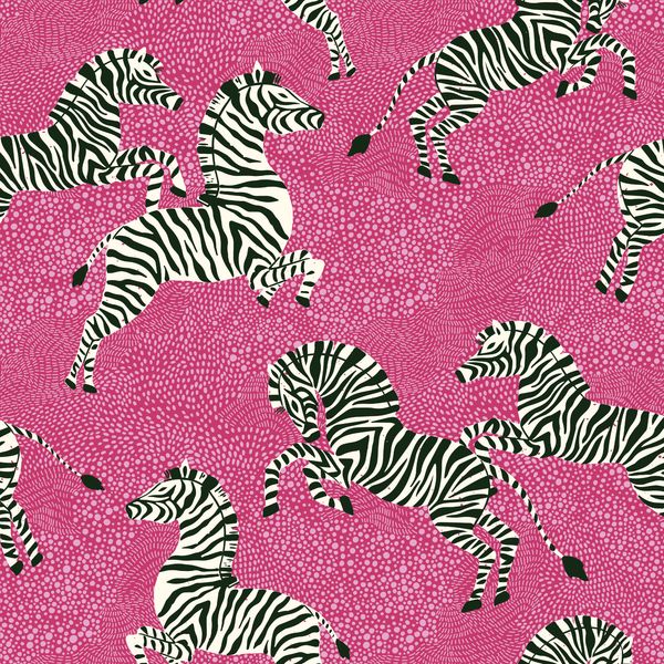 a group of zebras that are in the middle of a pink background with black and white dots