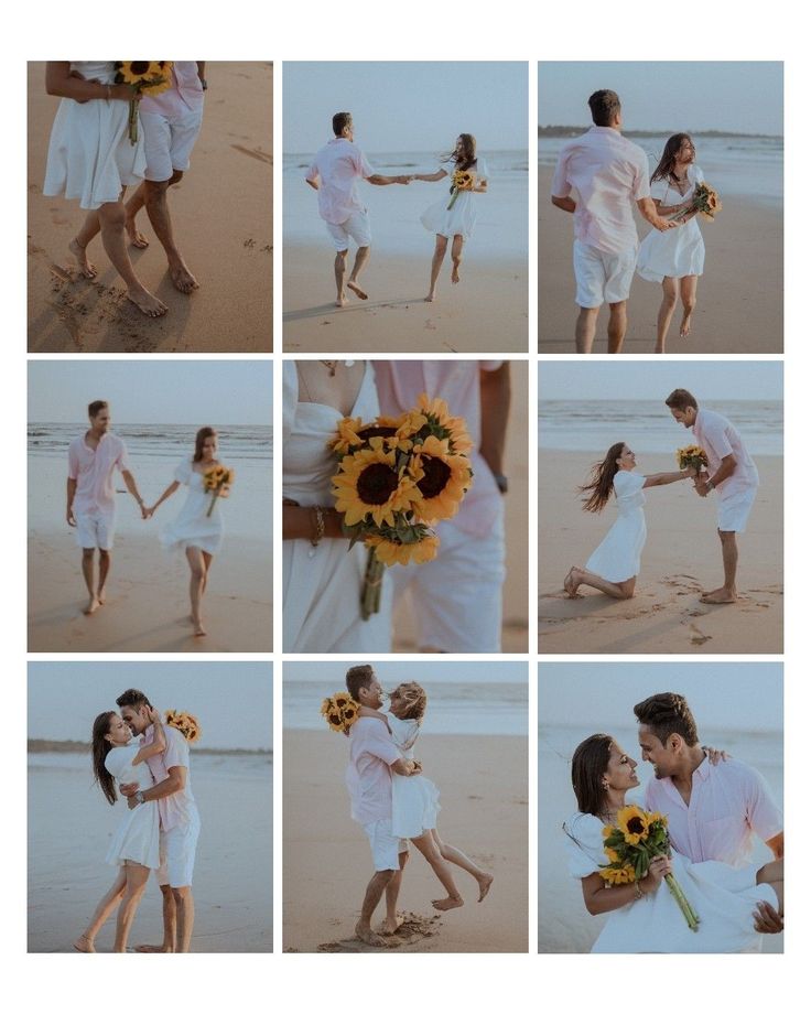 a couple on the beach with sunflowers and flowers in their hands, holding each other's hand