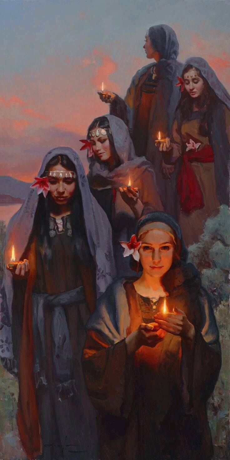 a painting of three women holding candles in their hands, with the sun setting behind them