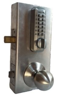 an electronic door lock is shown with the keypad on it's front side