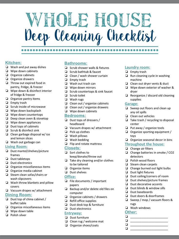 the whole house deep cleaning checklist is shown in blue and white with words above it