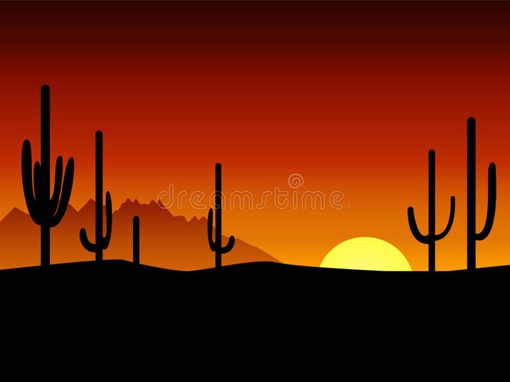 the sun is setting in the desert with many cacti and mountains behind it