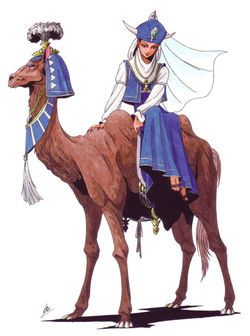 a drawing of a woman riding on the back of a camel wearing a blue and white dress