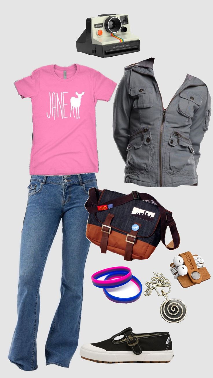 a woman in pink shirt and jeans standing next to other items including shoes, camera and purse