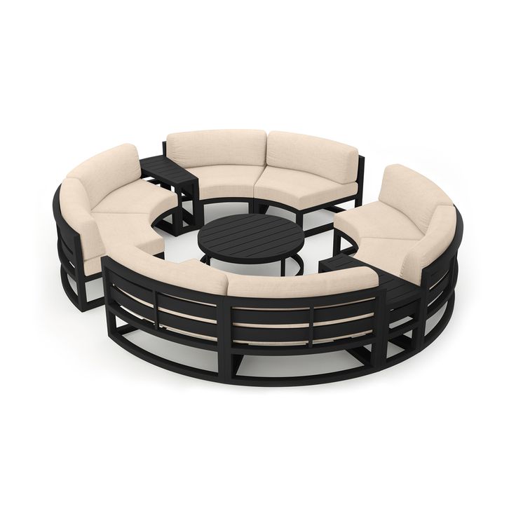 an outdoor furniture set is shown in black and beige colors, with four seats on each side