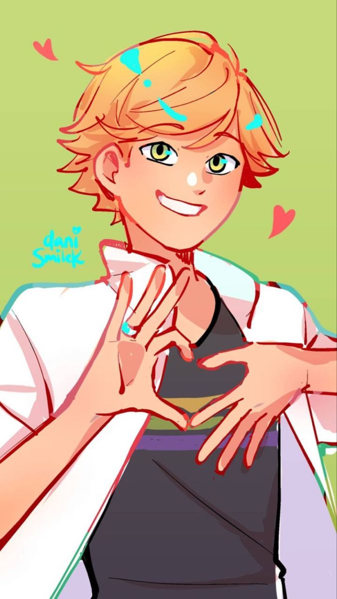 a drawing of a boy with blonde hair and green eyes holding his hands out to the side