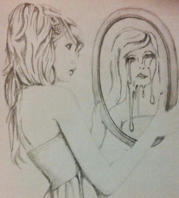 a pencil drawing of a girl looking at herself in the mirror with tears on her face