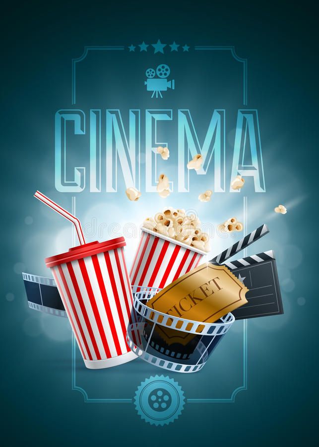 cinema poster with popcorn buckets and film strip on blue background, 3d illustration stock photo