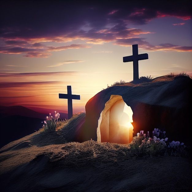 three crosses on top of a hill with flowers in the foreground and a sunset behind them