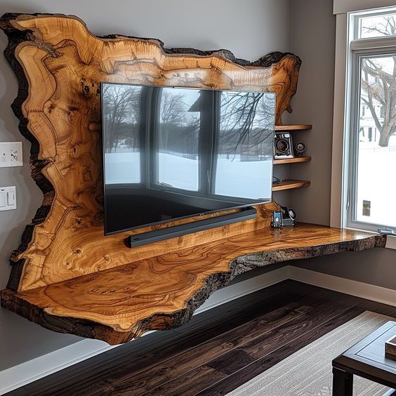 a wooden shelf with a tv on top of it in front of a large window